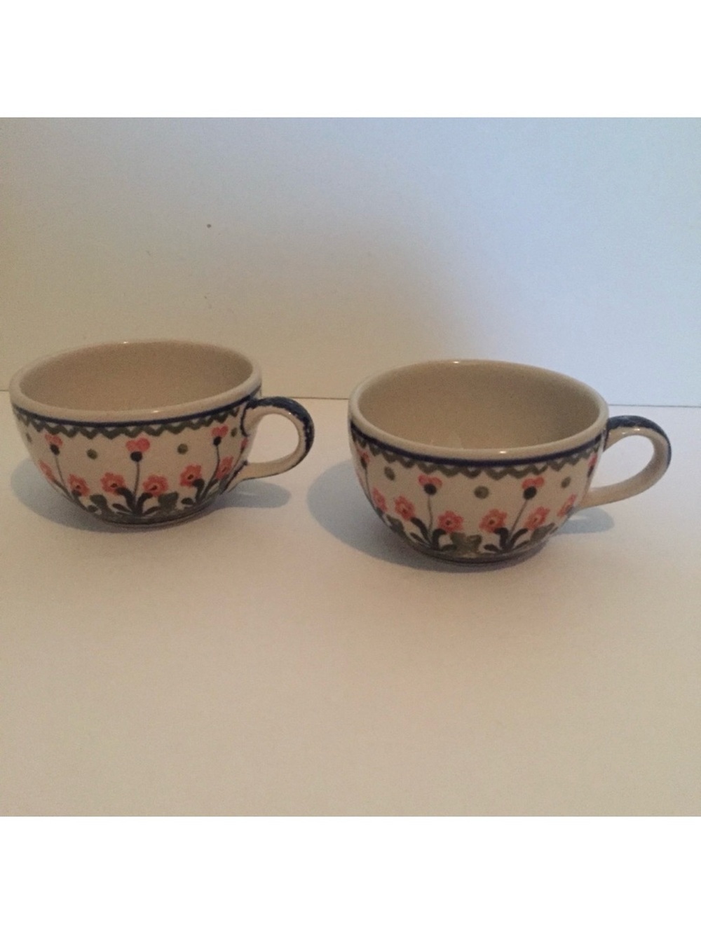 POLISH POTTERY CUPS BLUE WHITE 2 TWO TEA COFFEE HANDMADE HOME DINING DRINKWARE